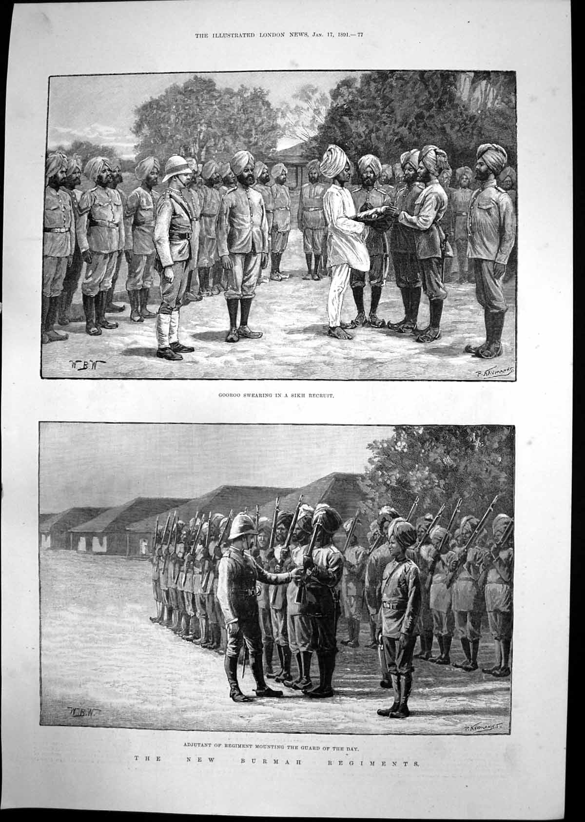 Antique Old Print Burmah Regiments Mounting Guard Hyeres Les Palmiers 1891 19th
