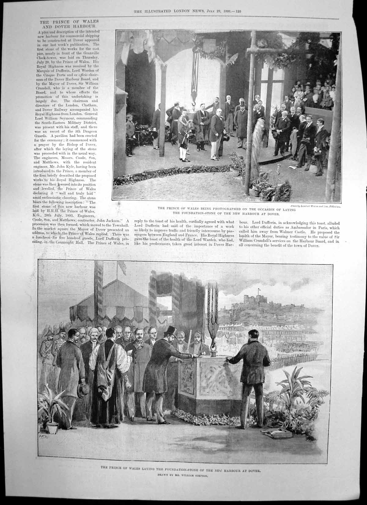 Old Print Prince Wales New Harbour Dover Winchester College W Fearon 1893 19th