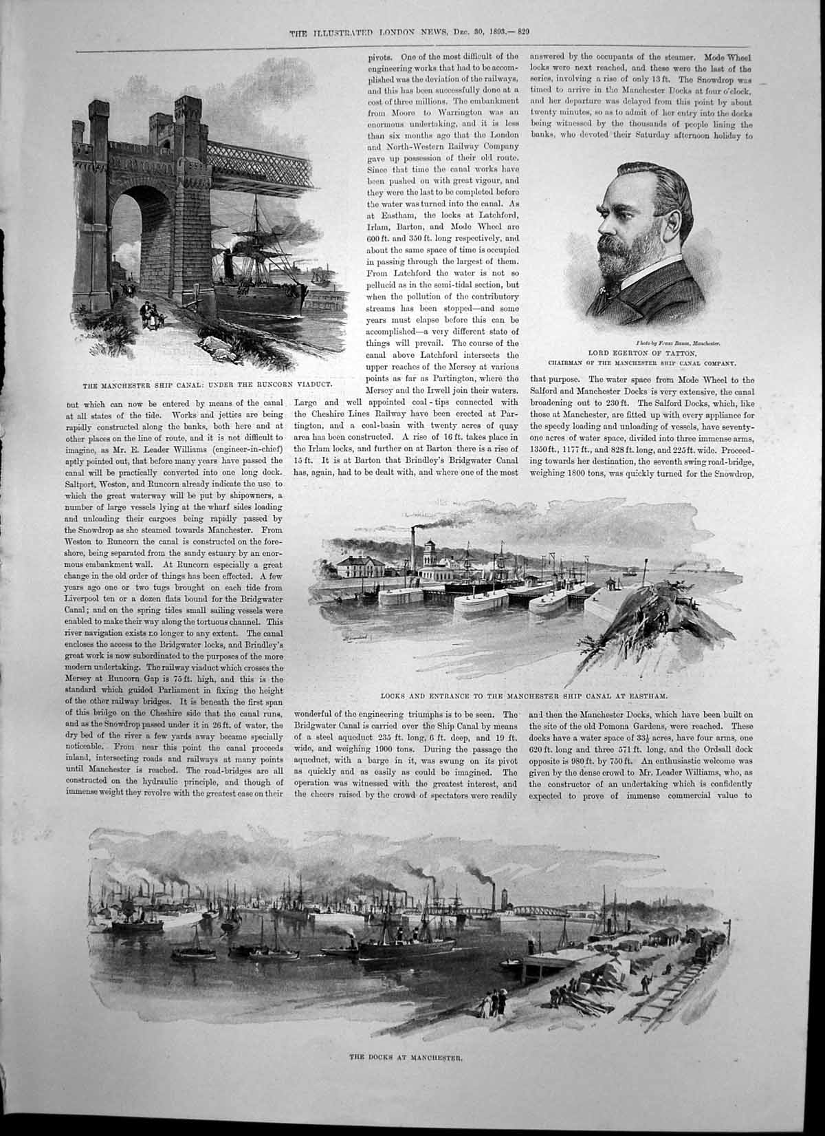 Old Print Manchester Ship Canal Lord Egerton Eastham Barton Aqueduct 1893 19th