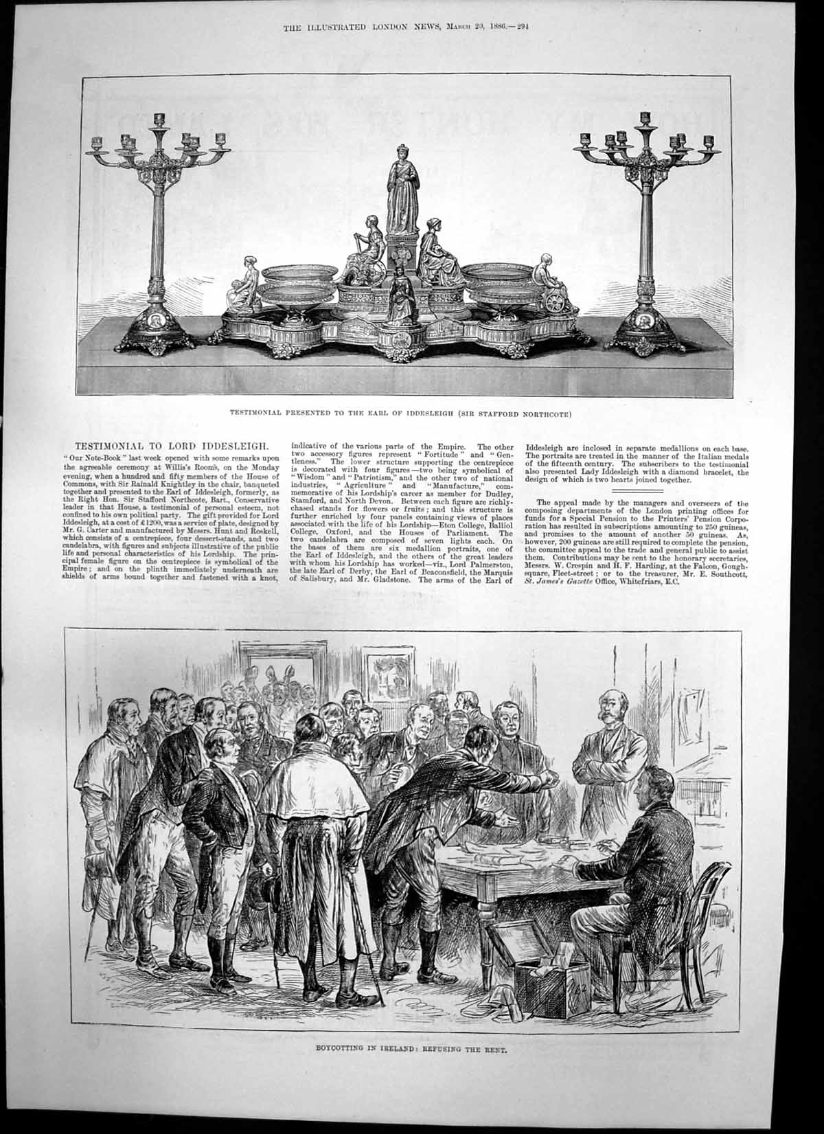 Antique Print Testimonial Sir Stafford Nortcote Refusing Rent Ireland 1886 19th