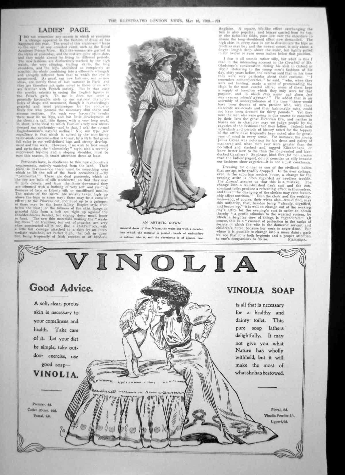 Antique Old Print Artistic Gown Ninon Vinolia Soap Foxs Spiral Puttees 1908