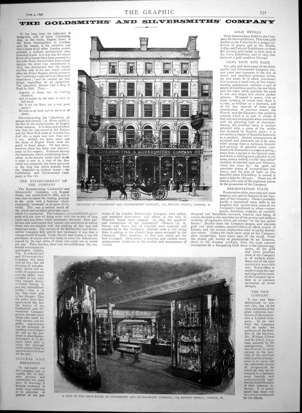 Antique Print Exterior Interior Gsmiths Silversmiths Regent St London 1898 19th