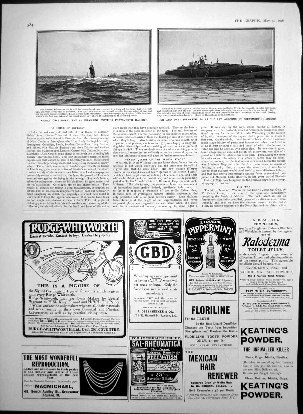 Antique Old Print A1 Submarine Portsmouth Harbour Carters Liver Pills 1906