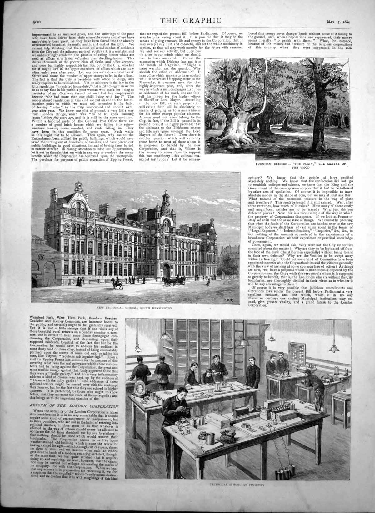 Old Print Burnham Beeches Technical School South Kensington Finsbury 1884 19th