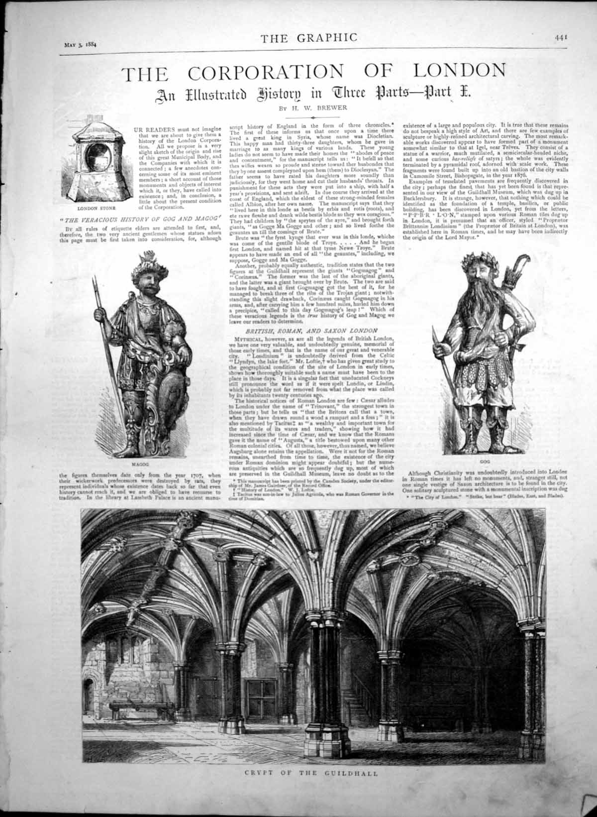 Old Print London Stone Crypt Guildhall Entrance Remains Roman London 1884 19th