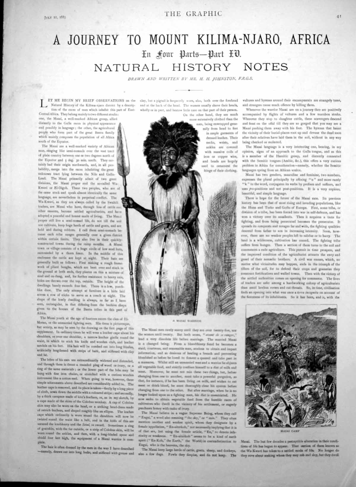 Old Print Journey Mount Kilima Njaro Masai Warrior Chaga House Forge 1885 19th