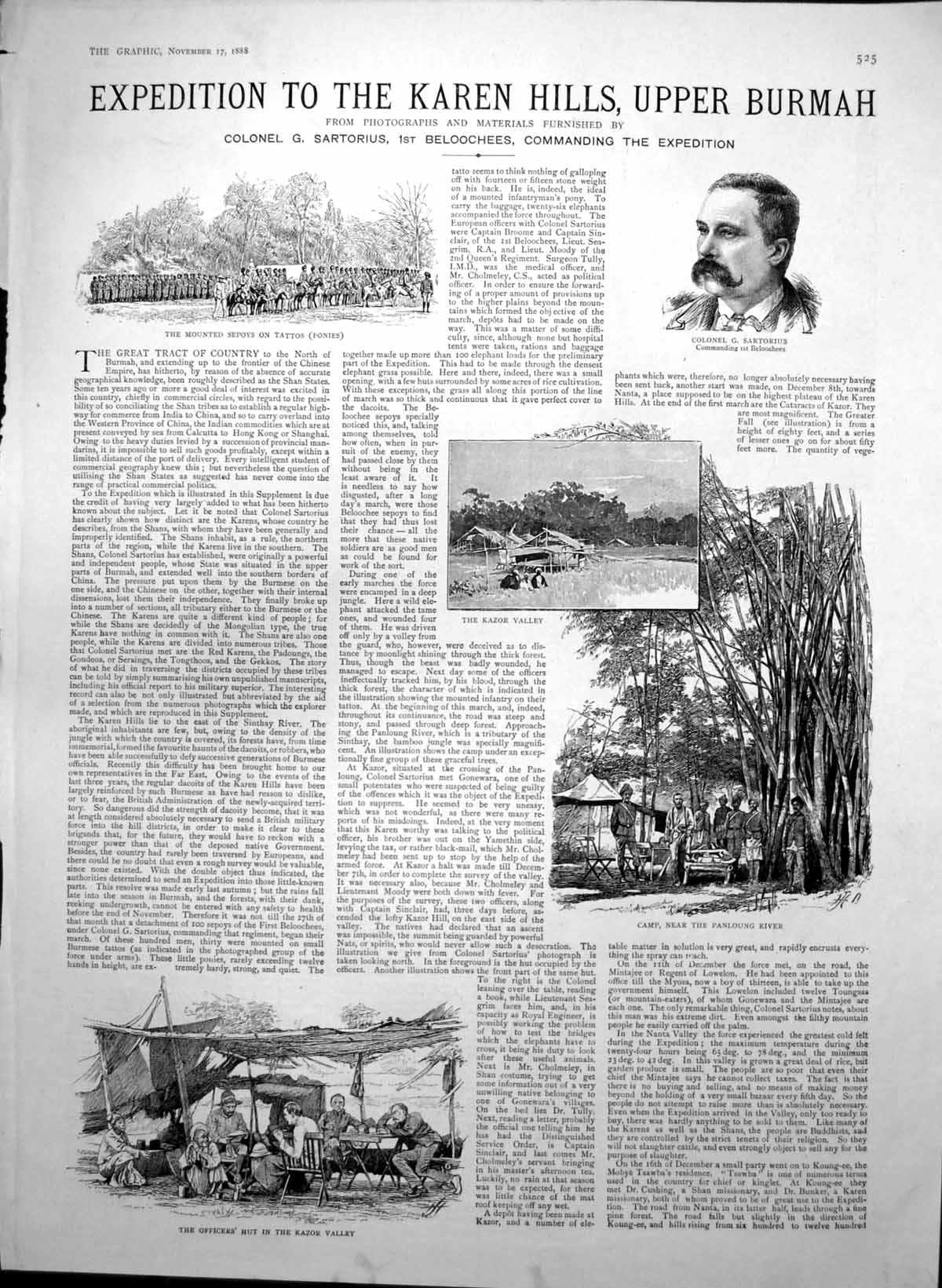 Old Print Karen Hills Upper Burmah Col Sartorius Kazor Valley Karens 1888 19th