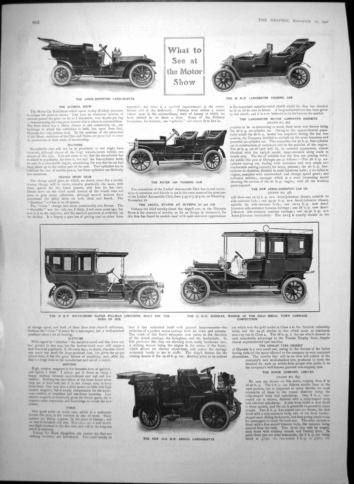 Old Print Motor Show Lancaster Touring Car Rover Argyll Landaulette 1906 20th