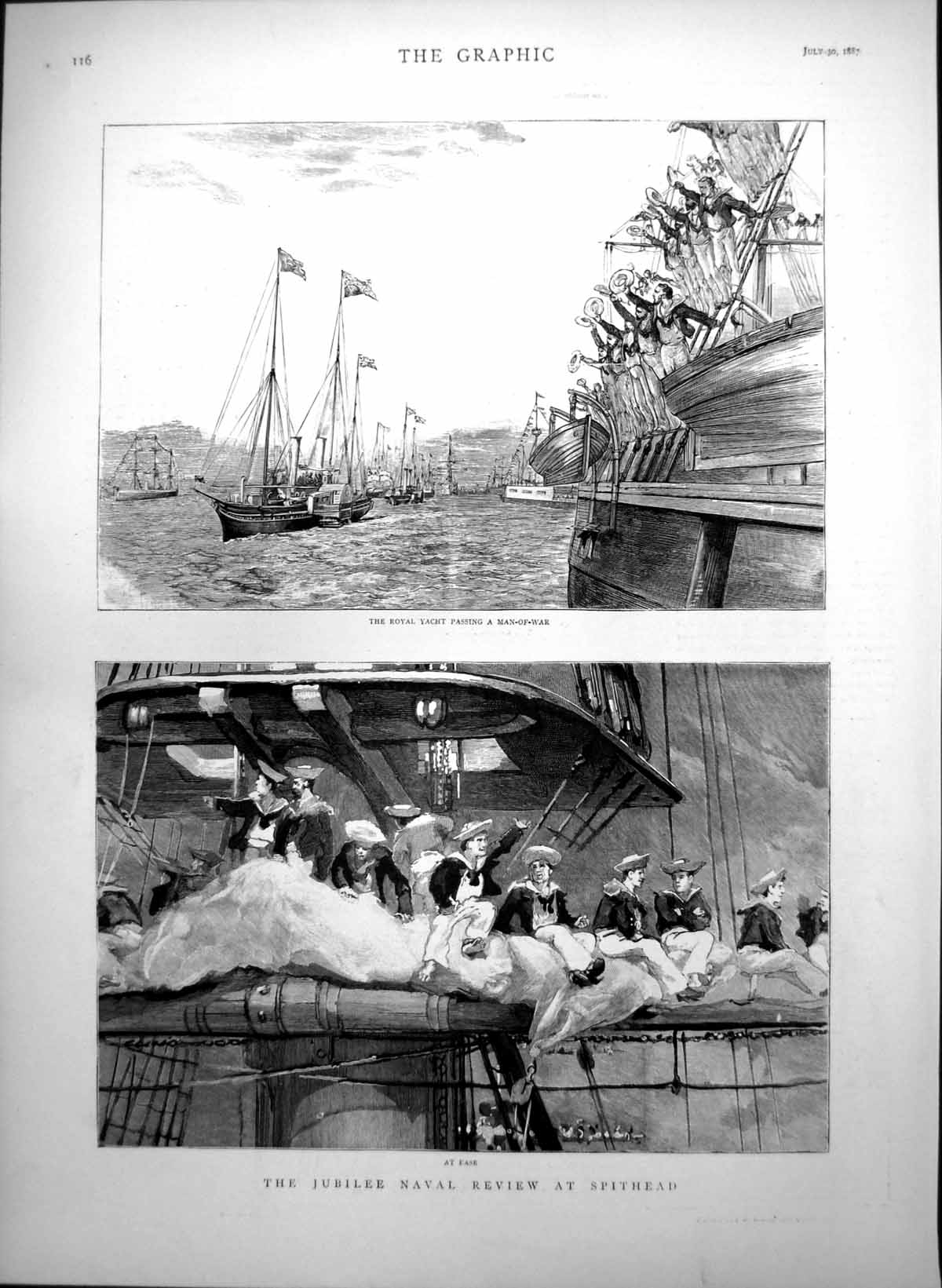 Old Print Jubilee Naval Review Spithead Royal Yacht Porthole Rigging 1887 19th