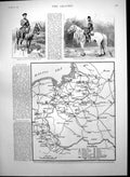Old Print Map Russian German Frontier Chief Cossack Regiment Ulhans 1892 19th