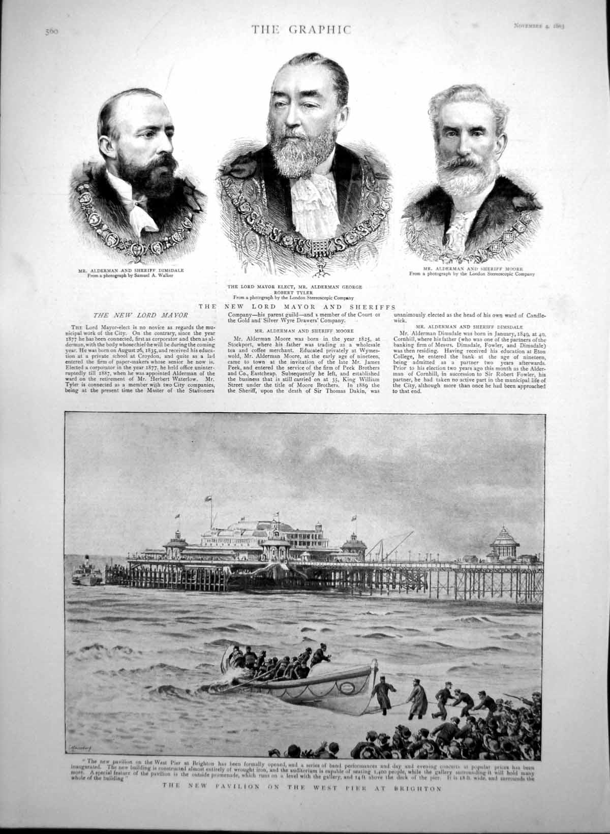 Old Print New Lord Mayor Pavilion Brighton West Pier Sir John Abbott 1893 19th