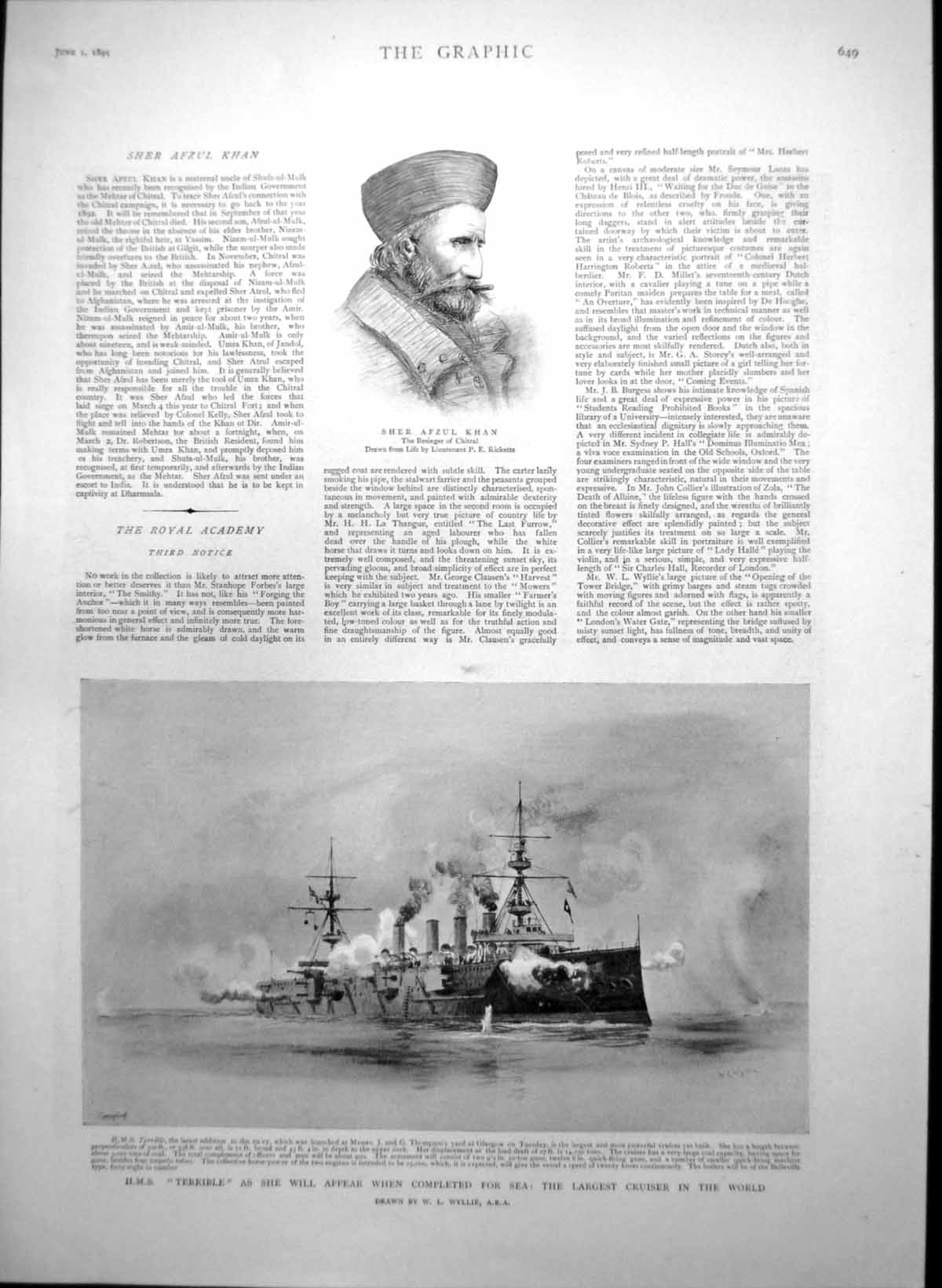 Antique Old Print Sher Afzul Khan Hms Terrible Cruiser Alfred Lyttlelton 1895