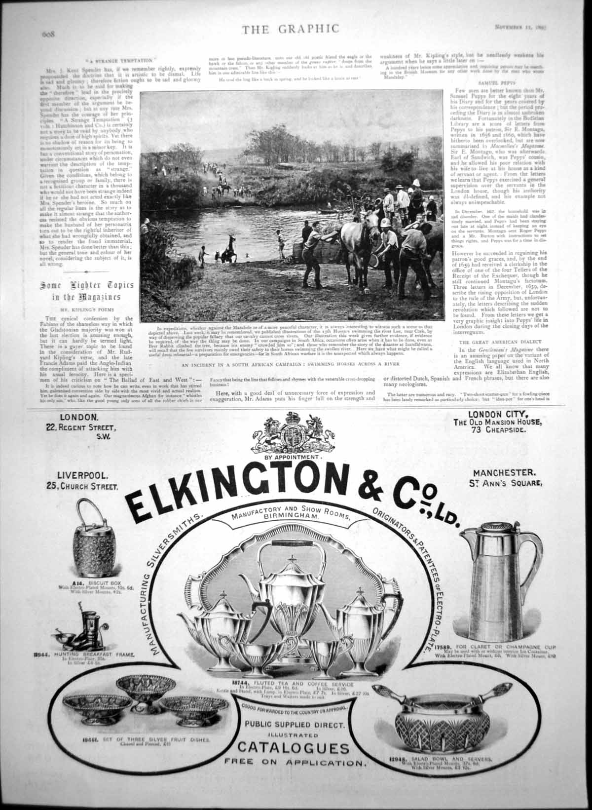 Old Print South African Campaign Horses River Elkington Silversmiths 1893 19th