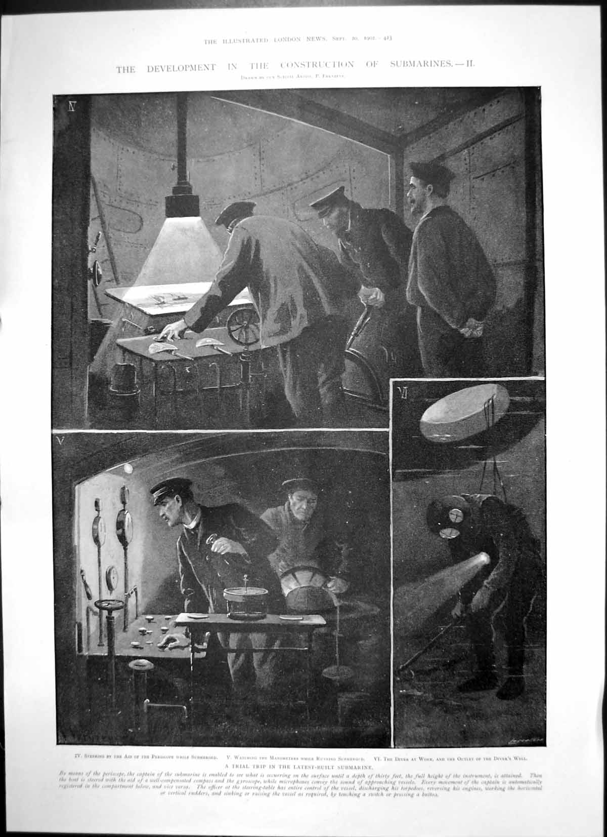 Original Old Antique Print Developments Construction Submarines Trial Trip 1902