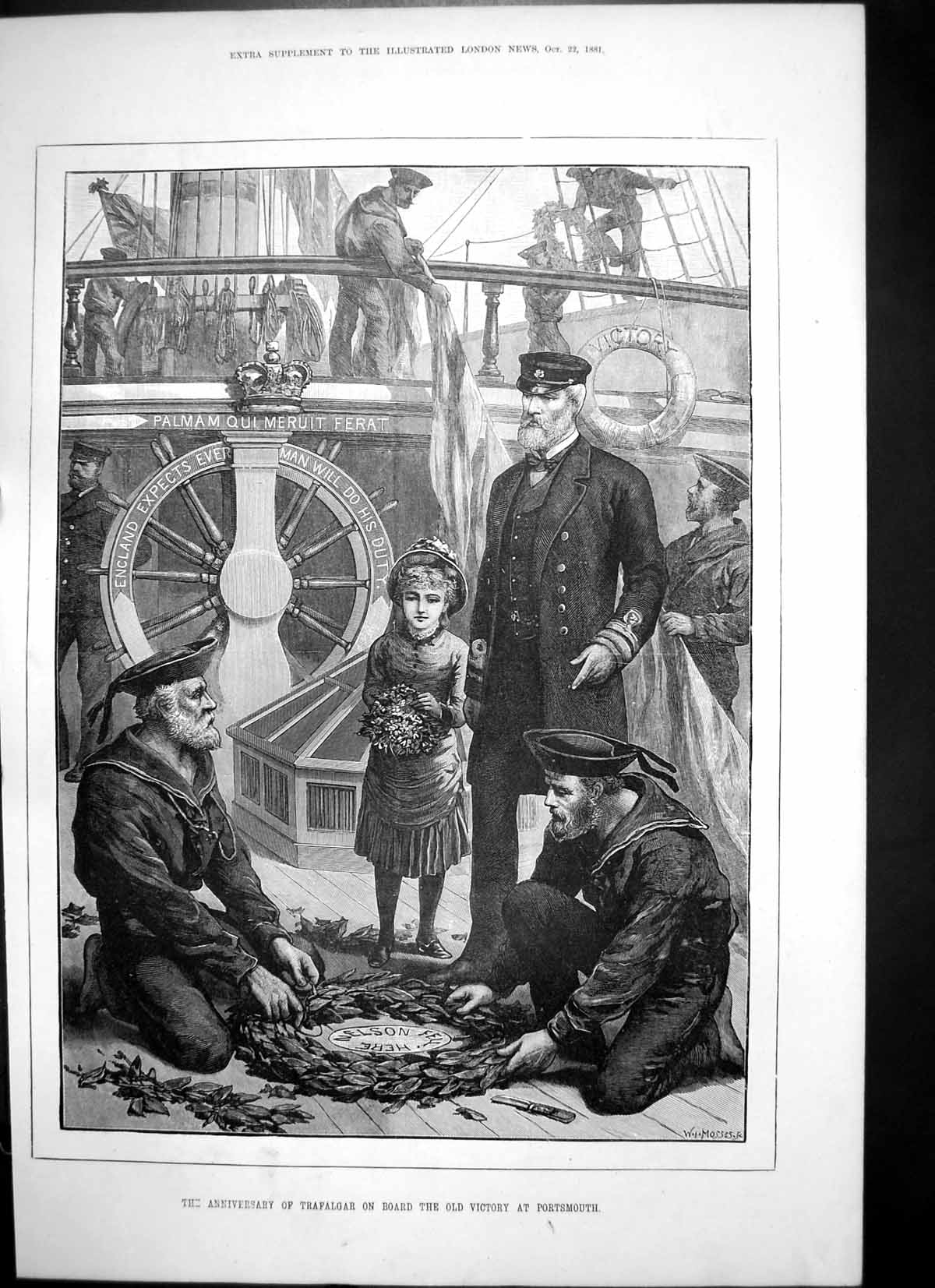 Old Antique Print Anniversary Trafalgar Onboard Victory Portsmouth 1881 19th