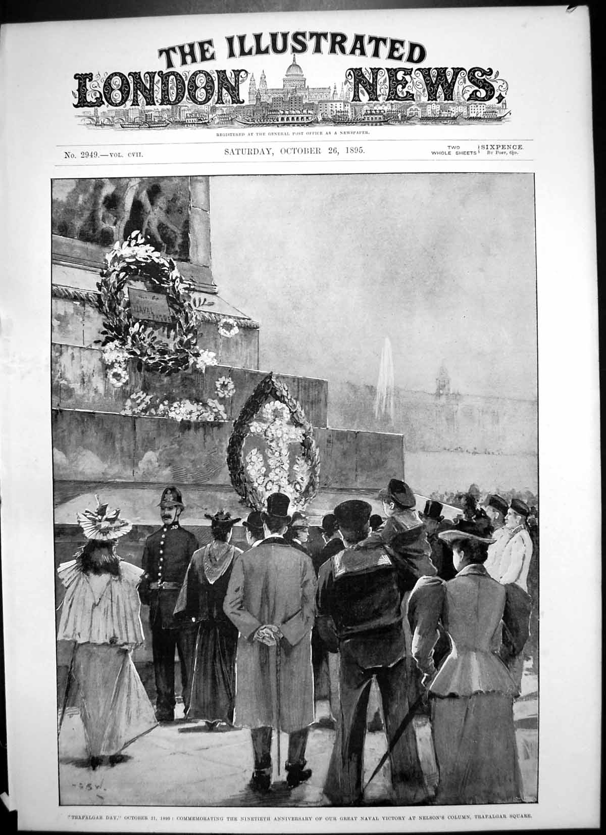 Antique Old Print Trafalgar Day 19th Anniversary Victory Nelsons Column 1895