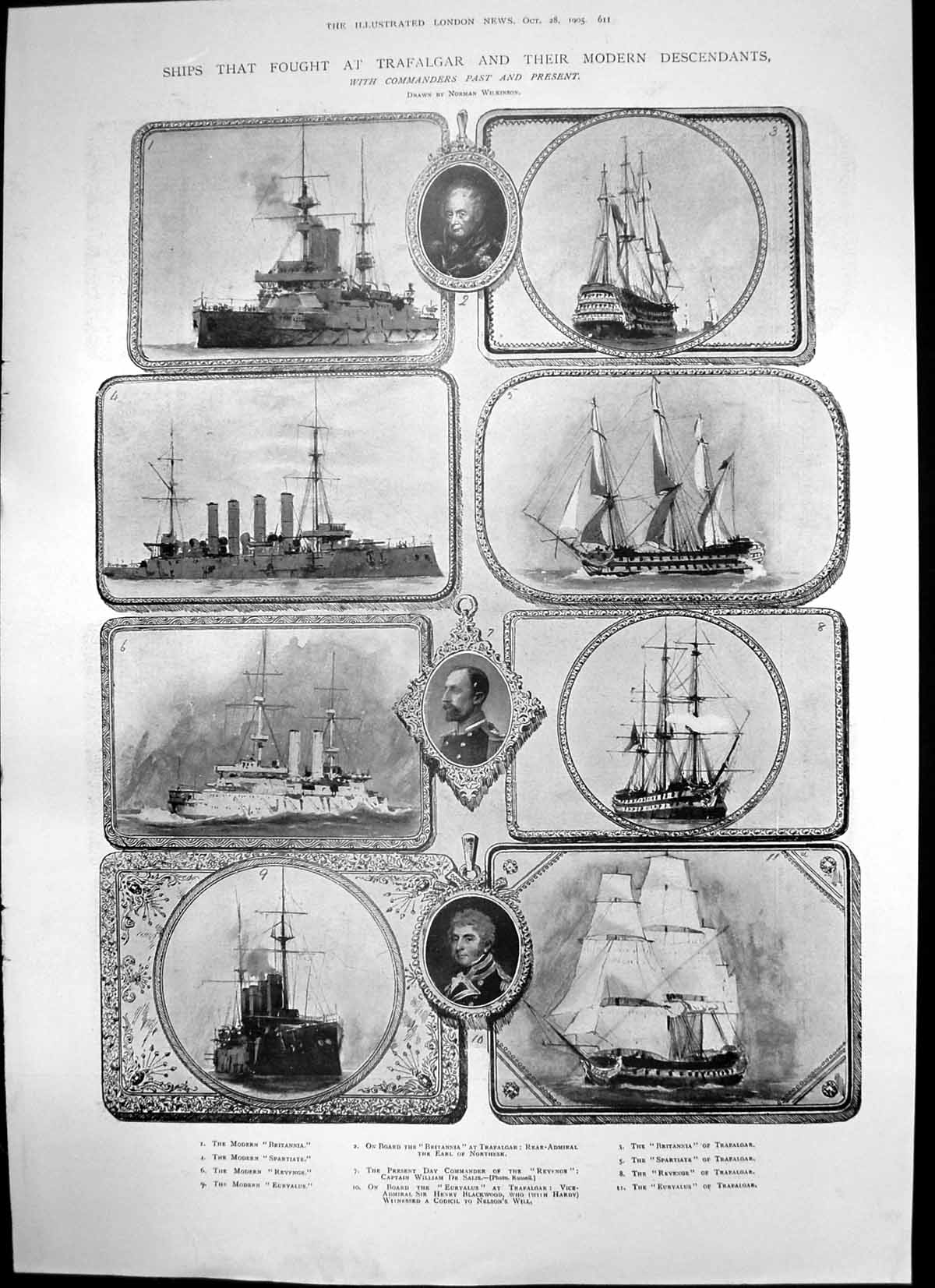 Antique Old Print Ships Fought Trafalgar Modern Descendants Britannia 1905 20th