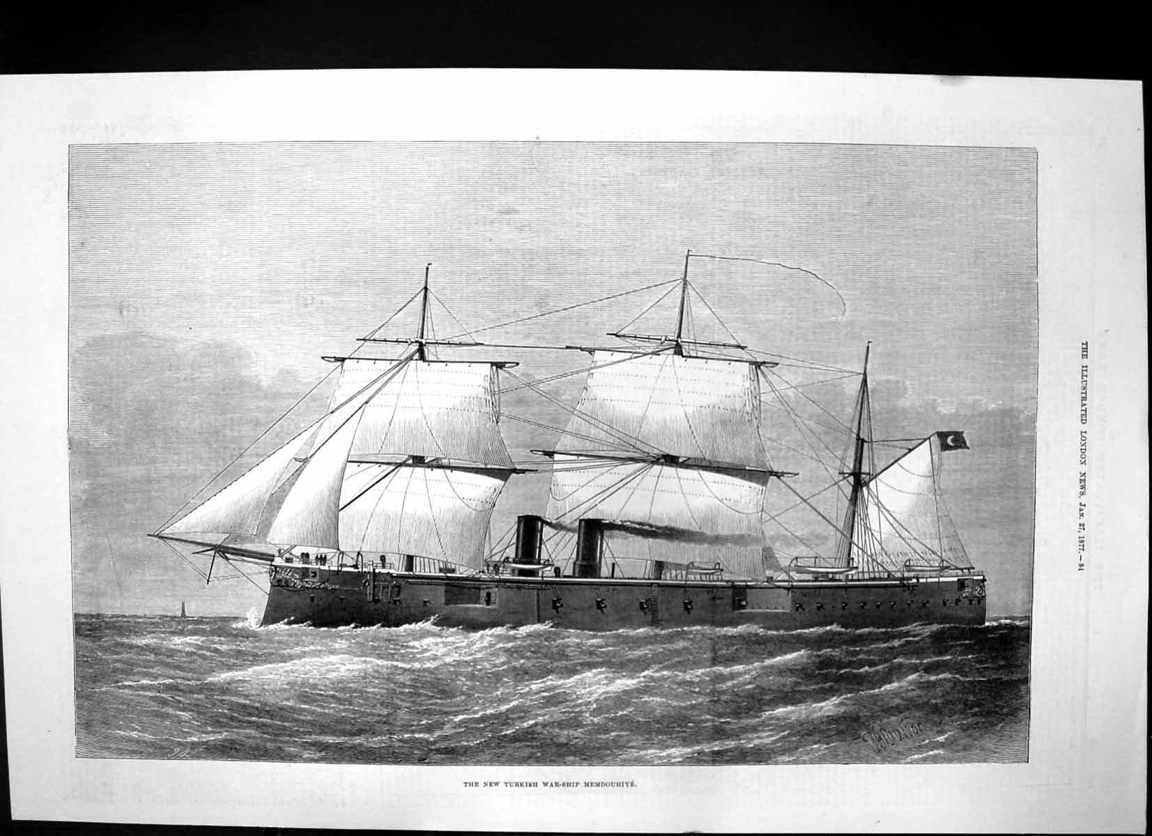 Original Old Antique Print New Turkish War Ship Memdouhiye Sails 1877 Victorian