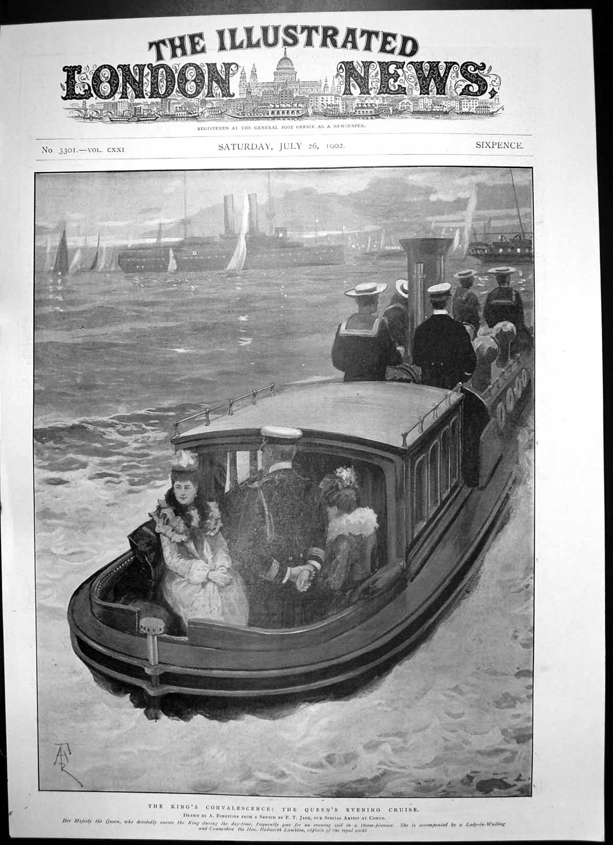 Antique Print Kings Convalescence Queens Evening Cruise Steam Pinnace 1902 20th