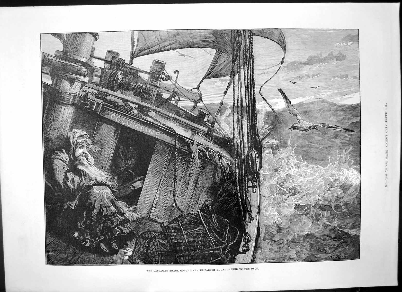 Antique Old Print Castaway Smack Colombine Elizabeth Mouat Lashed Deck 1886