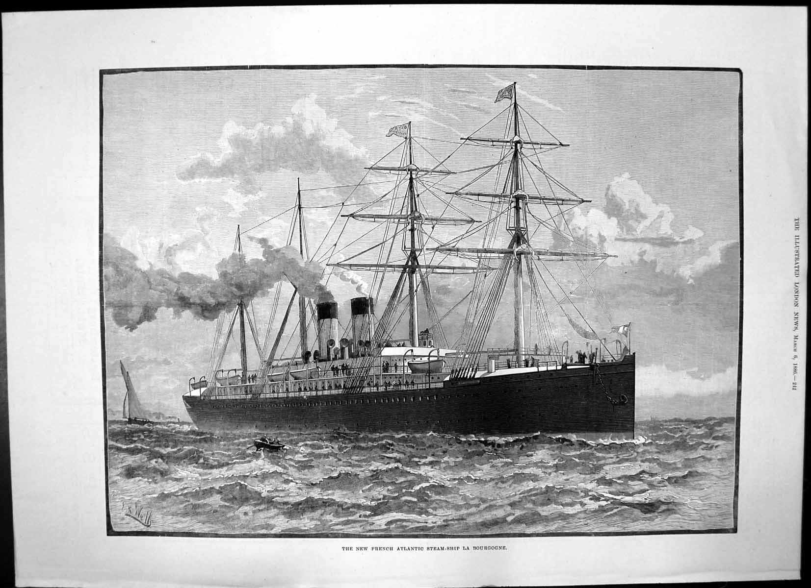 Original Old Antique Print New French Atlantic Steam Ship La Bourgogne 1886