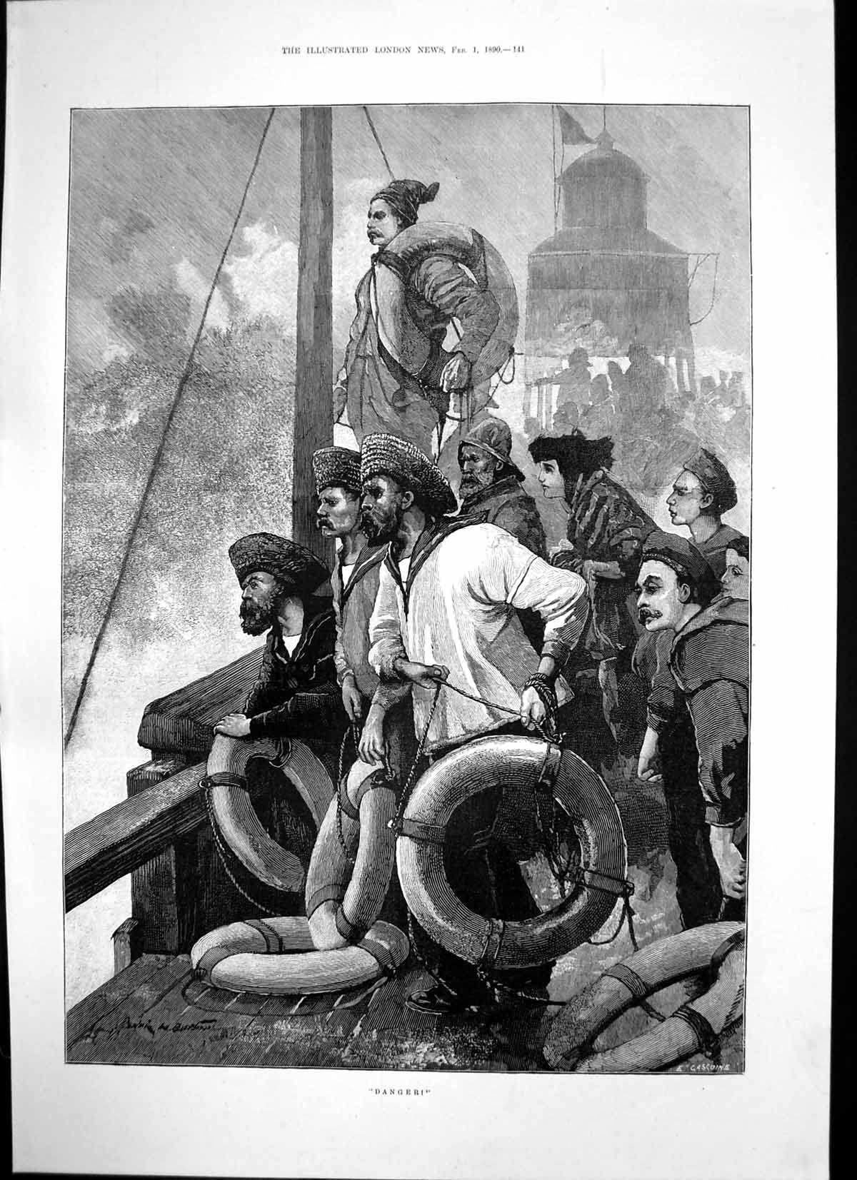 Original Old Antique Print Danger E Gascoine Sailors Ship Storm Lifebelt 1890