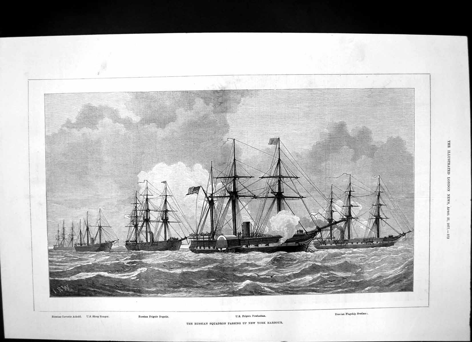 Old Antique Print Russian Squadron Passing New York Harbour Bogatir 1877 19th