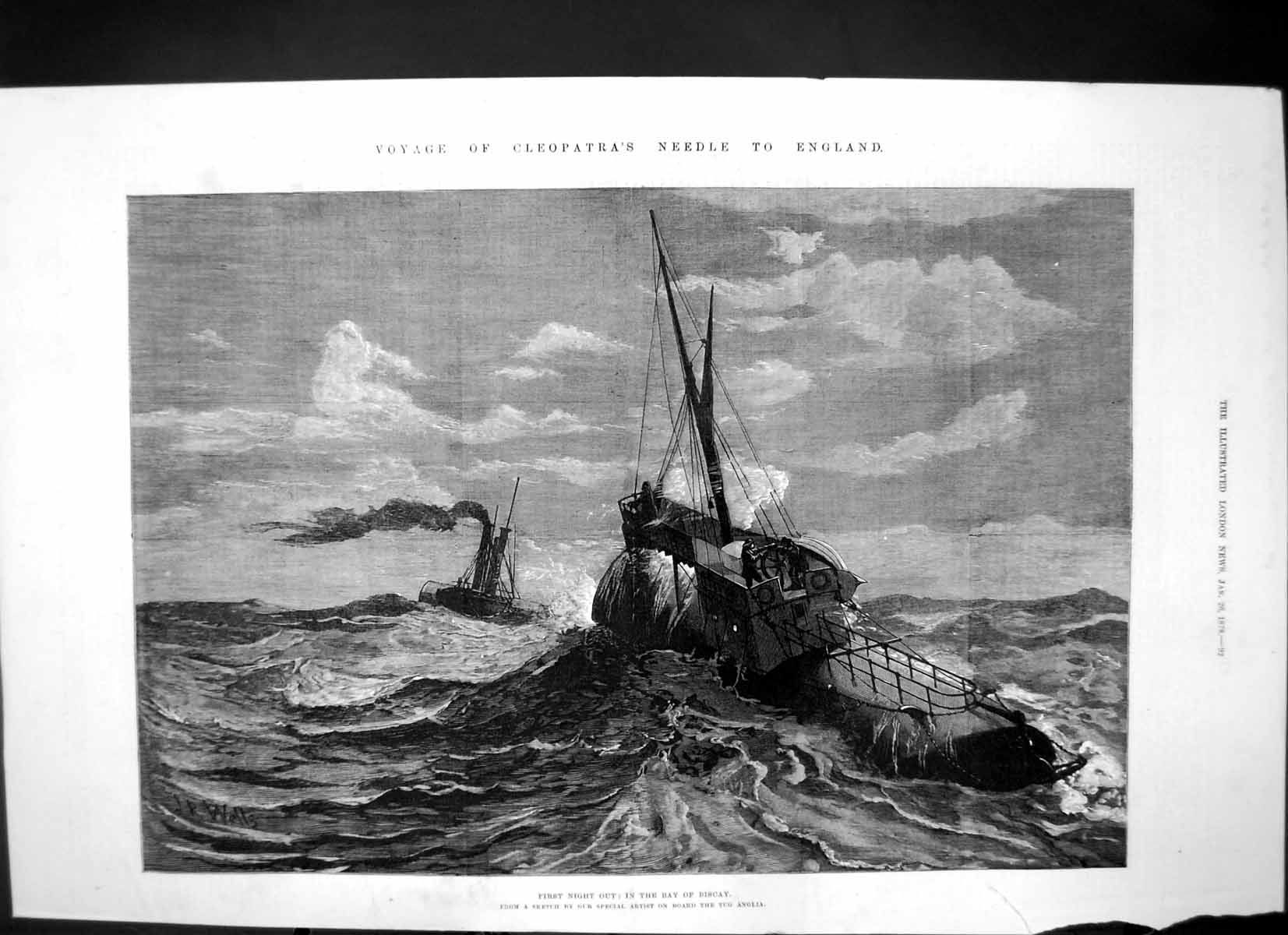 Antique Print Voyage Cleopatras Needle England First Night Bay Biscay 1878 19th