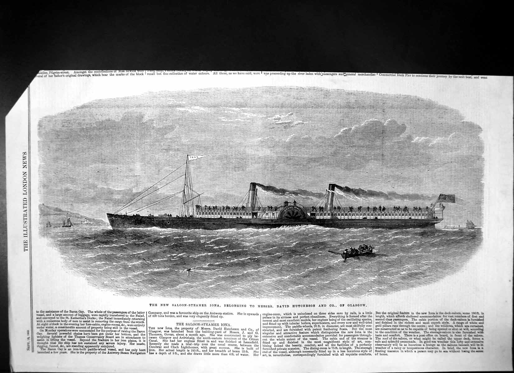 Antique Old Print New Saloon Steamer Iona Messrs David Hutcheson Glasgow 1863