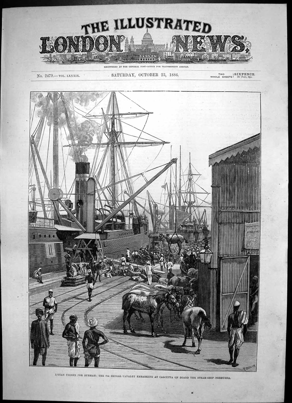 Antique Old Print Bengal Cavalry Embarking Calcutta Steamship Nerbudda 1886