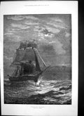 Old Antique Print Homeward Bound Jr Wells Sailing Ship Nearing Land 1881 19th
