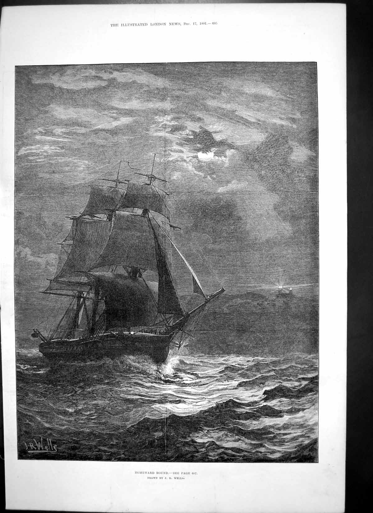 Old Antique Print Homeward Bound Jr Wells Sailing Ship Nearing Land 1881 19th