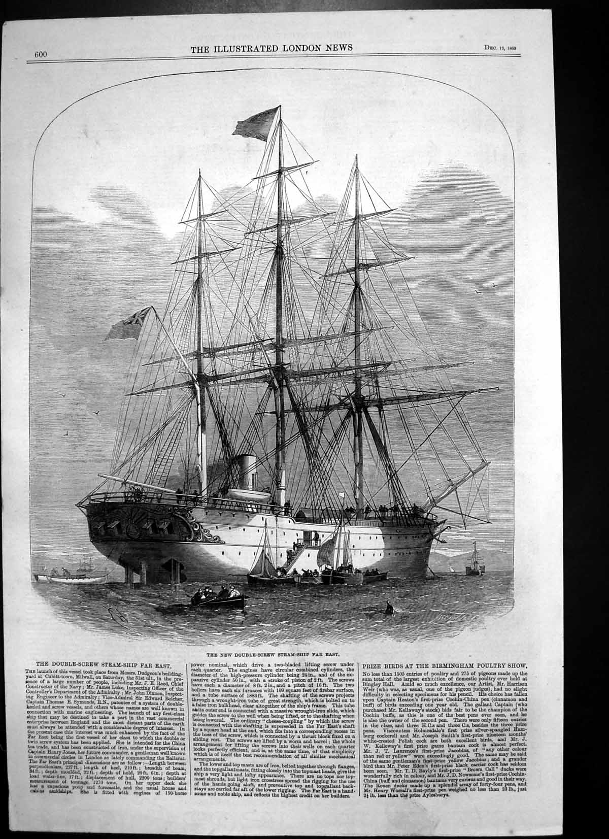Original Old Antique Print New Double Screw Steam-Ship Far East 1863 Victorian