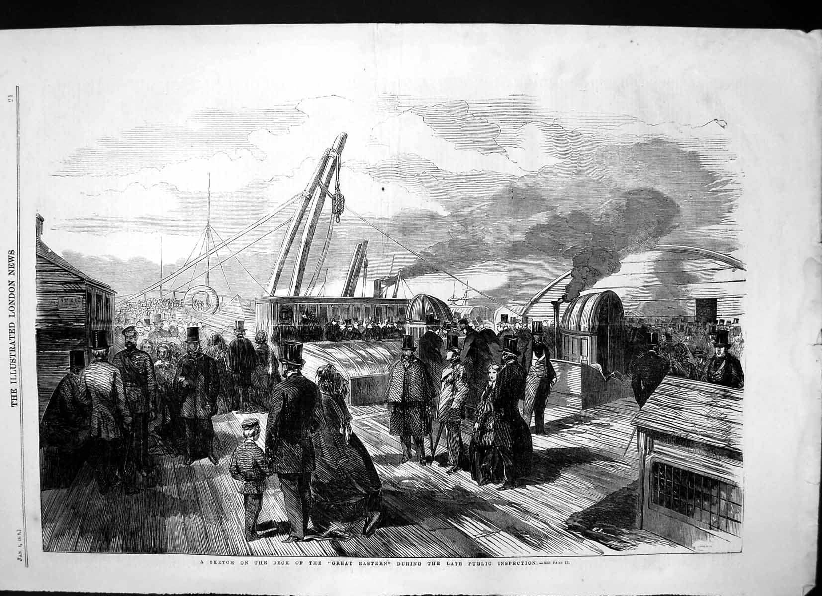 Antique Print Sketch Deck Great Eastern During Late Public Inspection 1859 19th