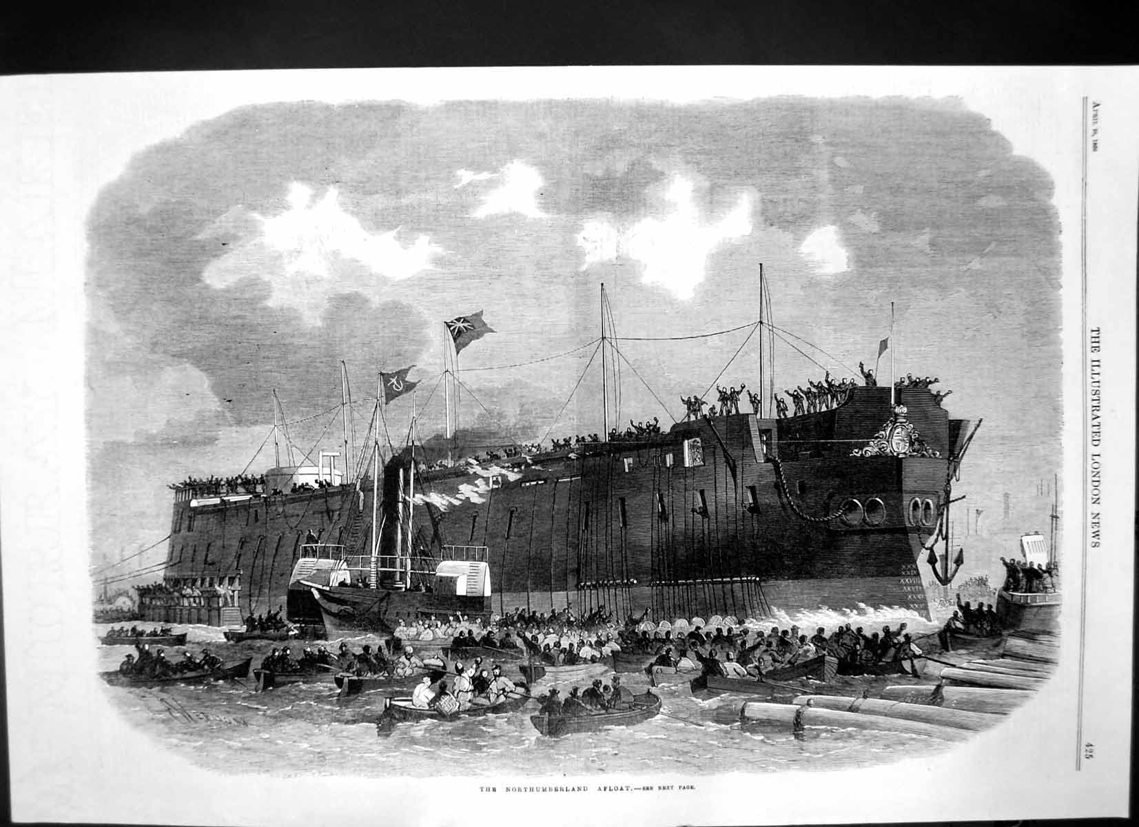 Antique Old Print Northumberland Afloat Large Ship Surrounded Small Boats1866