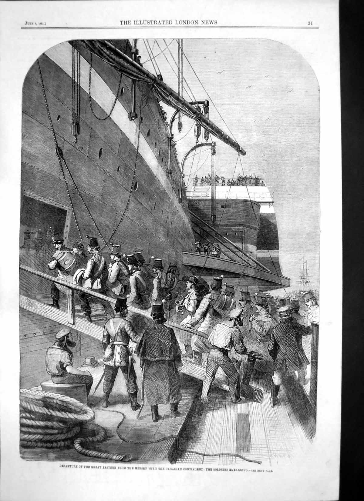 Old Antique Print Departure Great Eastern Mersey Canadian Contingent 1861 19th
