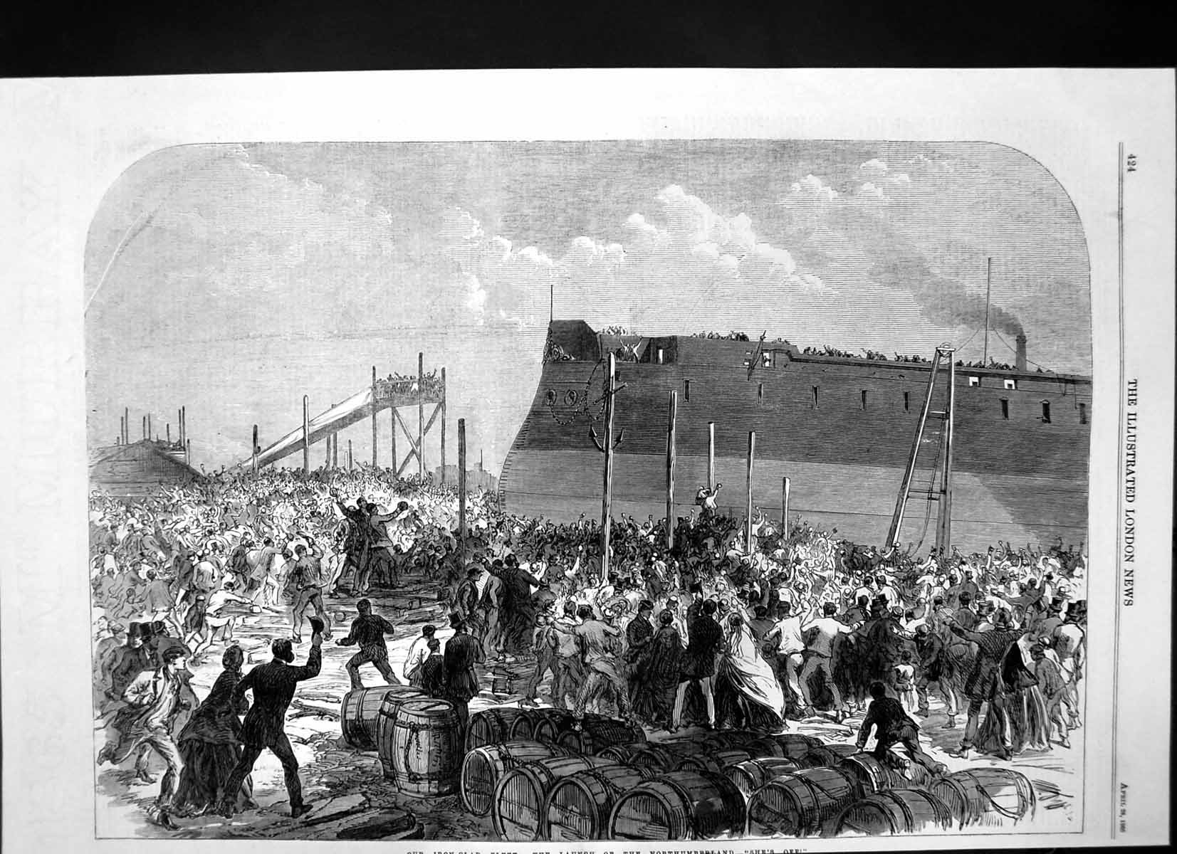 Original Old Antique Print Iron Clad Fleet Launch Northumberland Shes Off 1866