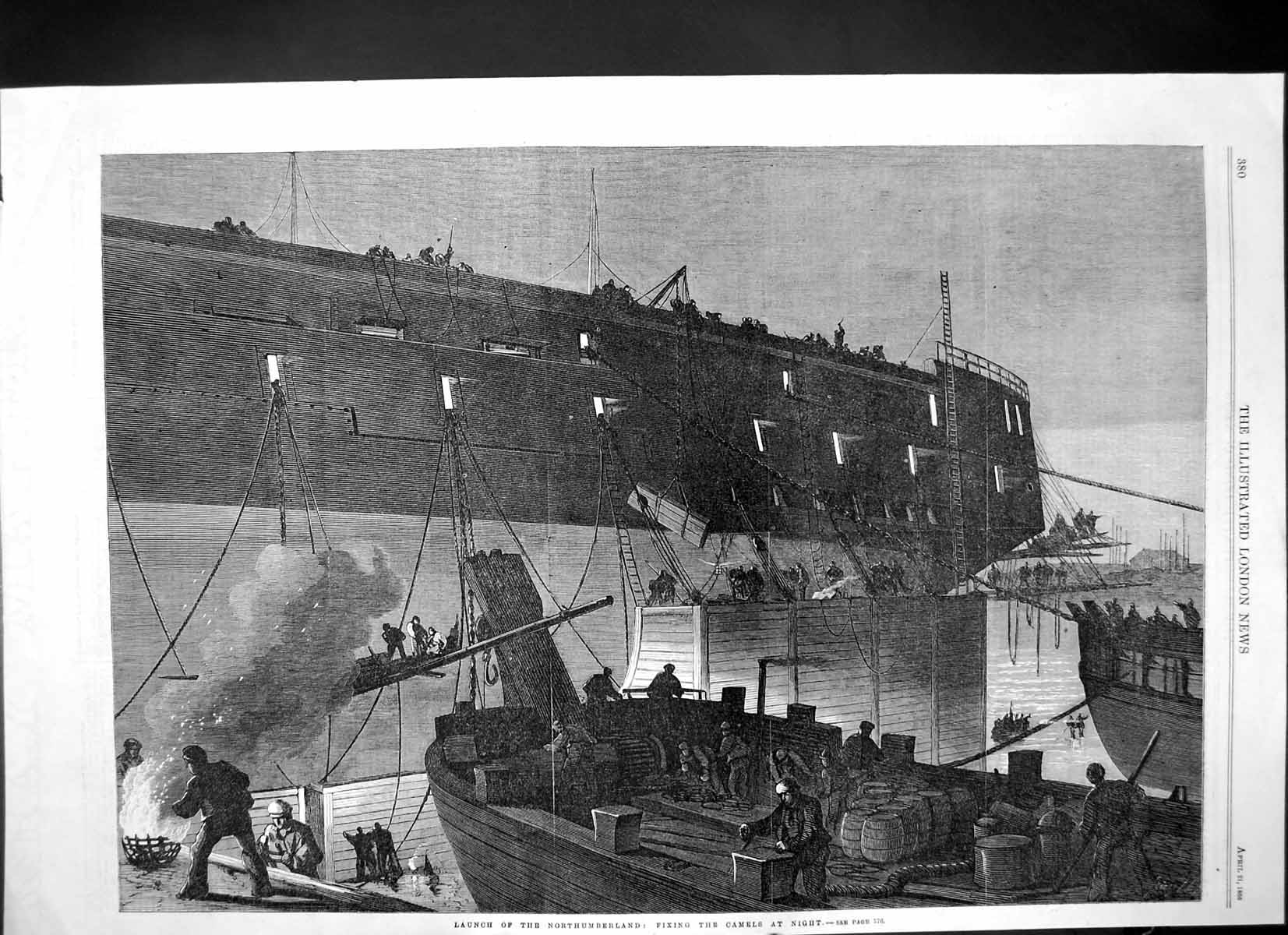 Original Old Antique Print Launch Northumberland Fixing Camels Night 1866 19th