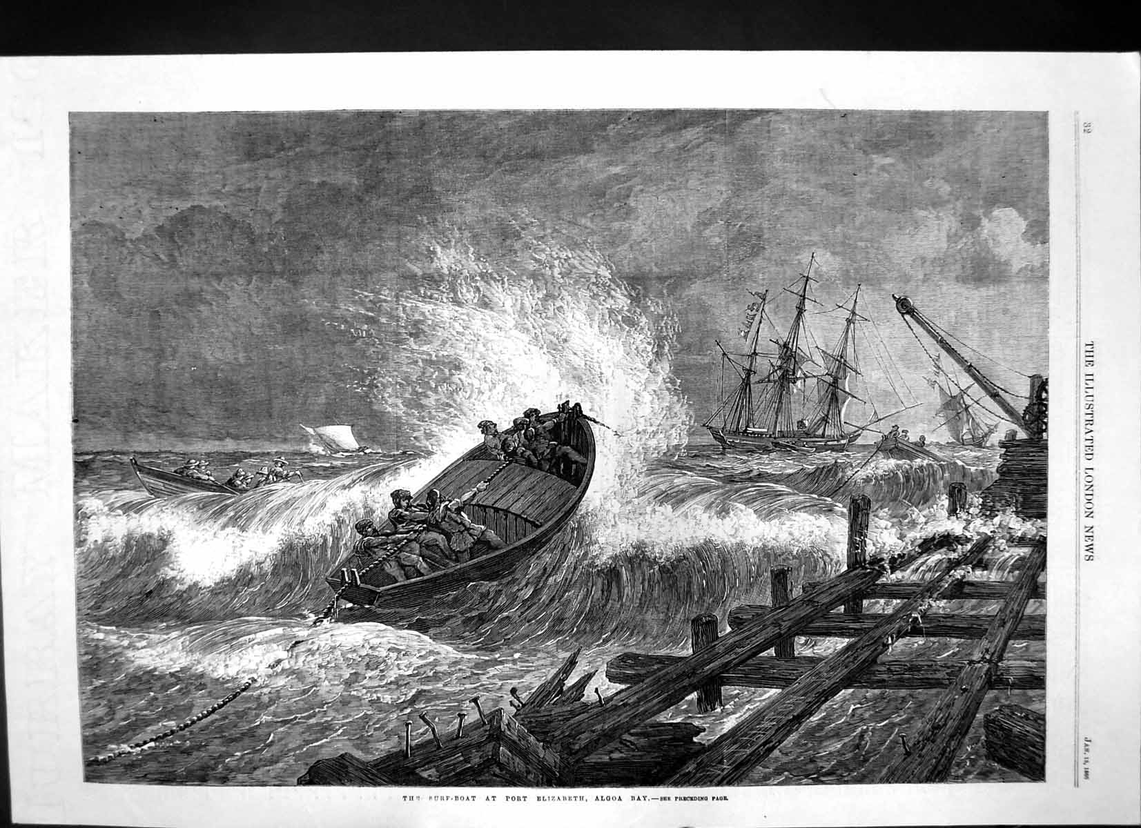 Original Old Antique Print Surf Boat Port Elizabeth Algoa Bay 1866 Victorian
