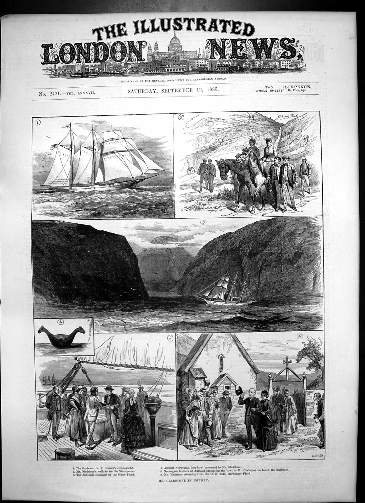 Antique Old Print Mr Gladstone Norway Sunbeam Sir T Brasseys Steam Yacht 1885