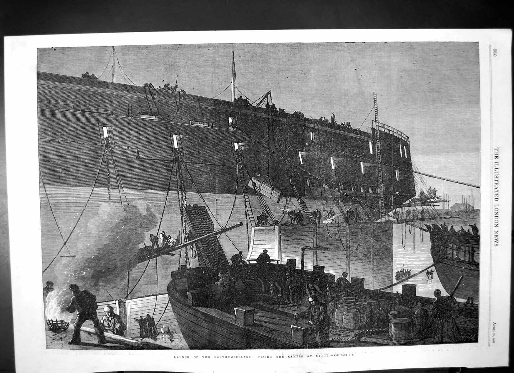 Old Antique Print Fixing Camels Launch New Iron Clad Northumberland 1866 19th