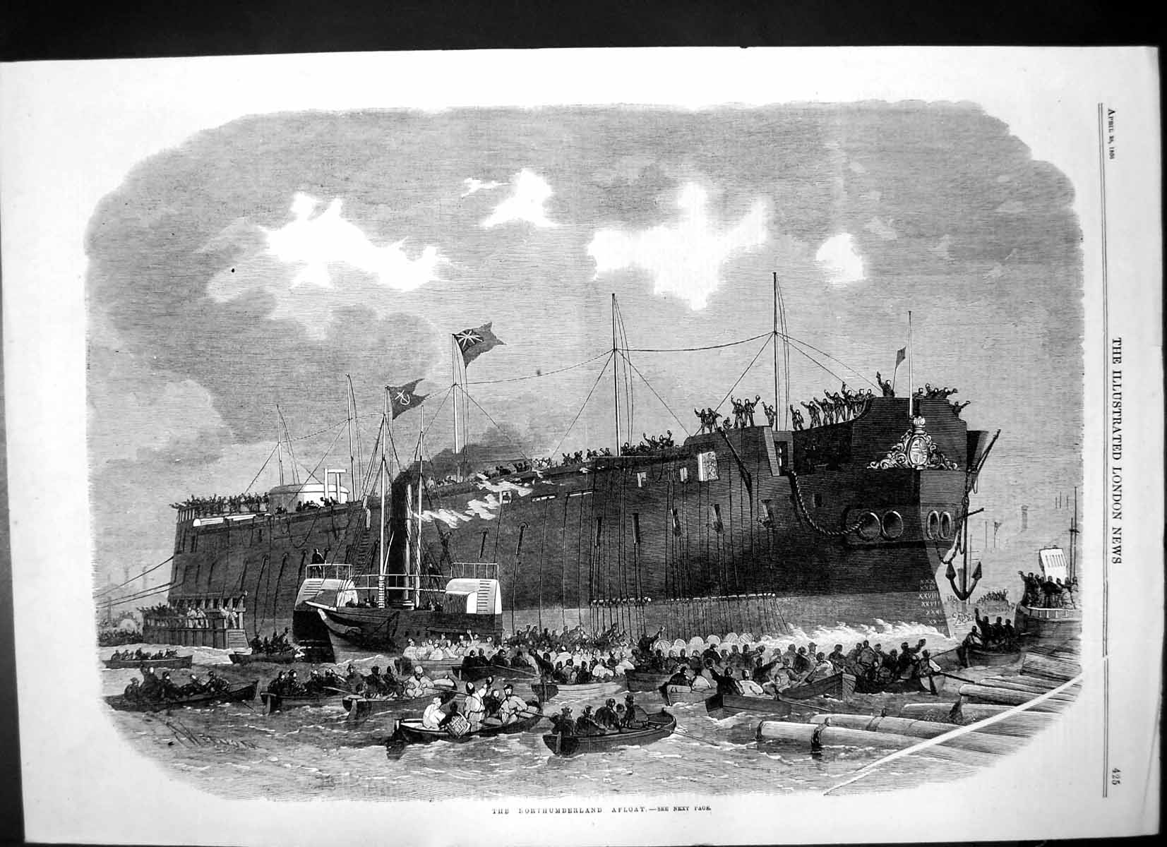Original Old Antique Print Nortumberland Afloat New Iron Clad Frigate 1866 19th