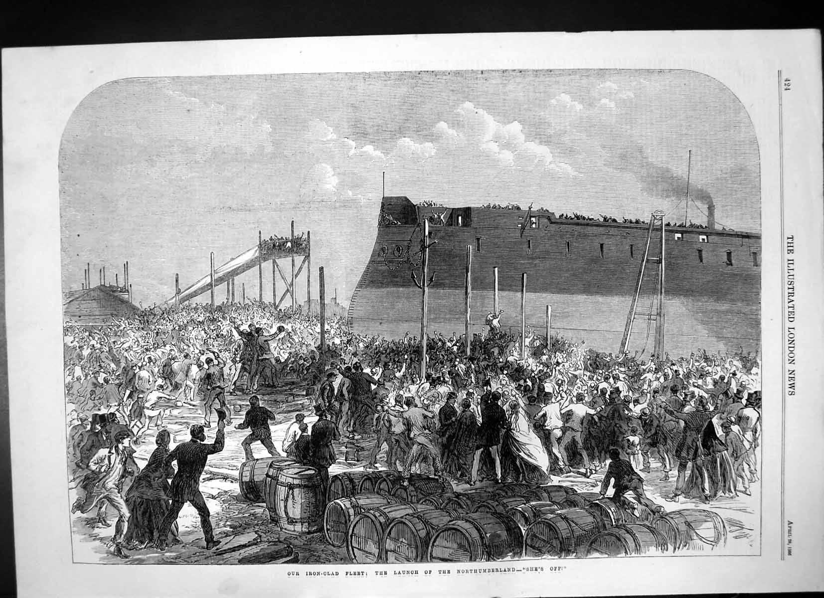 Original Old Antique Print Our Iron Clad Fleet Launch Northumberland 1866 19th