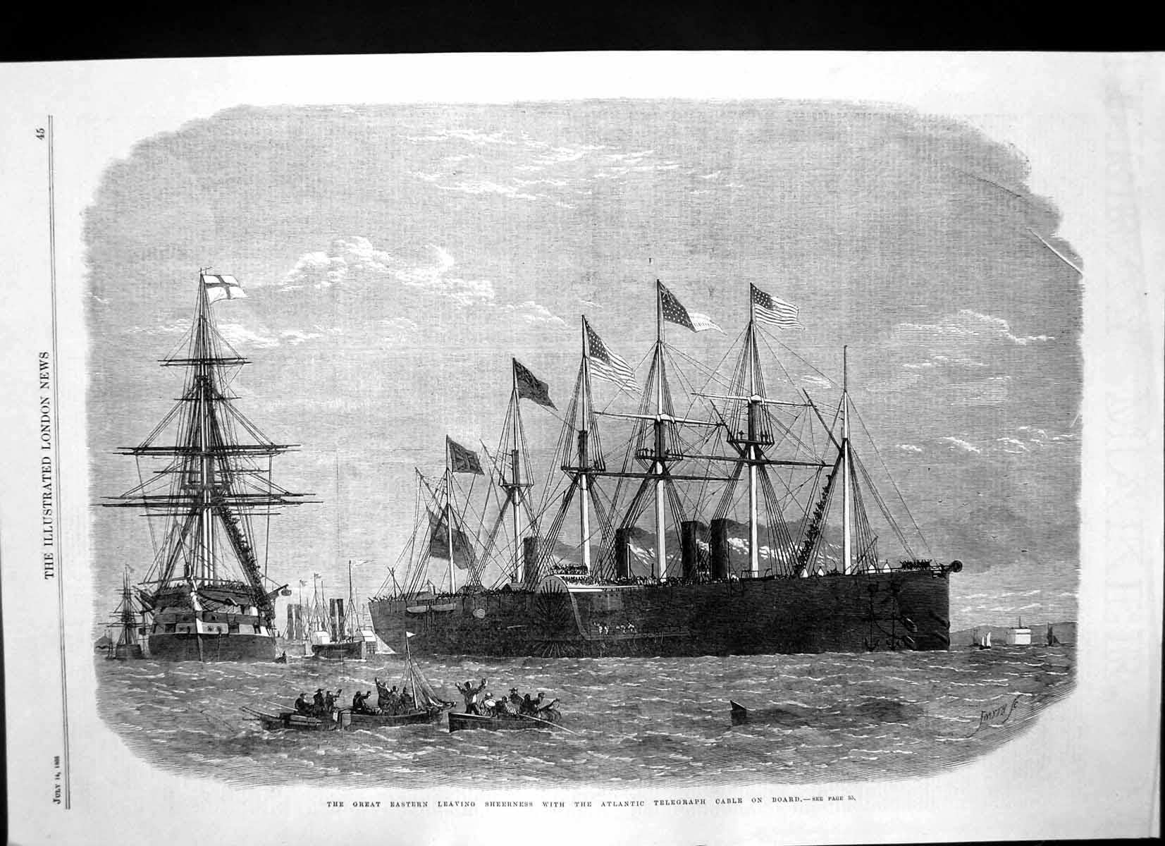 Antique Old Print Atlantic Telegraph On Board Great Eastern Sheerness 1866 19th