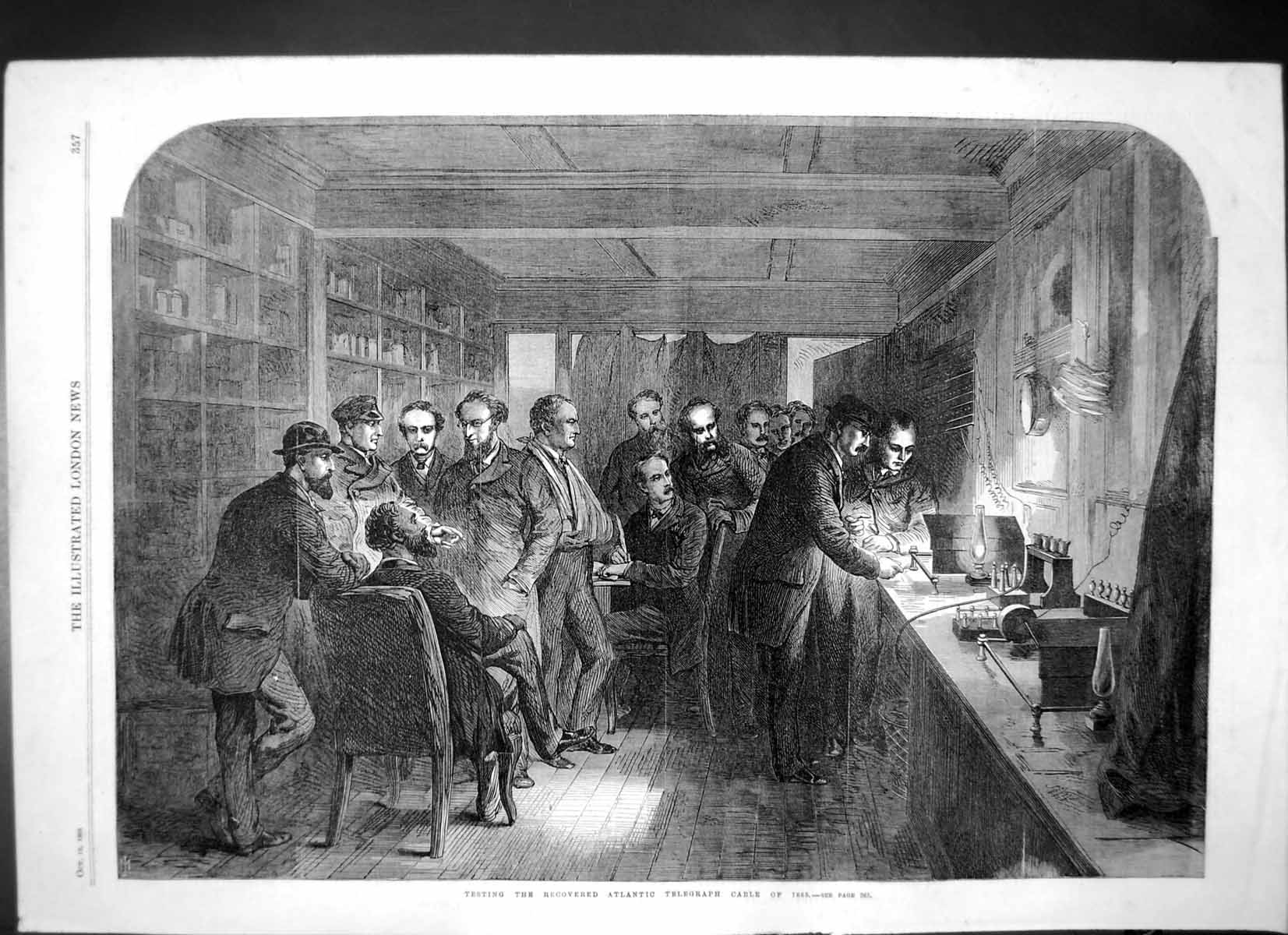 Original Old Antique Print Testing Recovered Atlantic Telegraph Cable 1865 1866