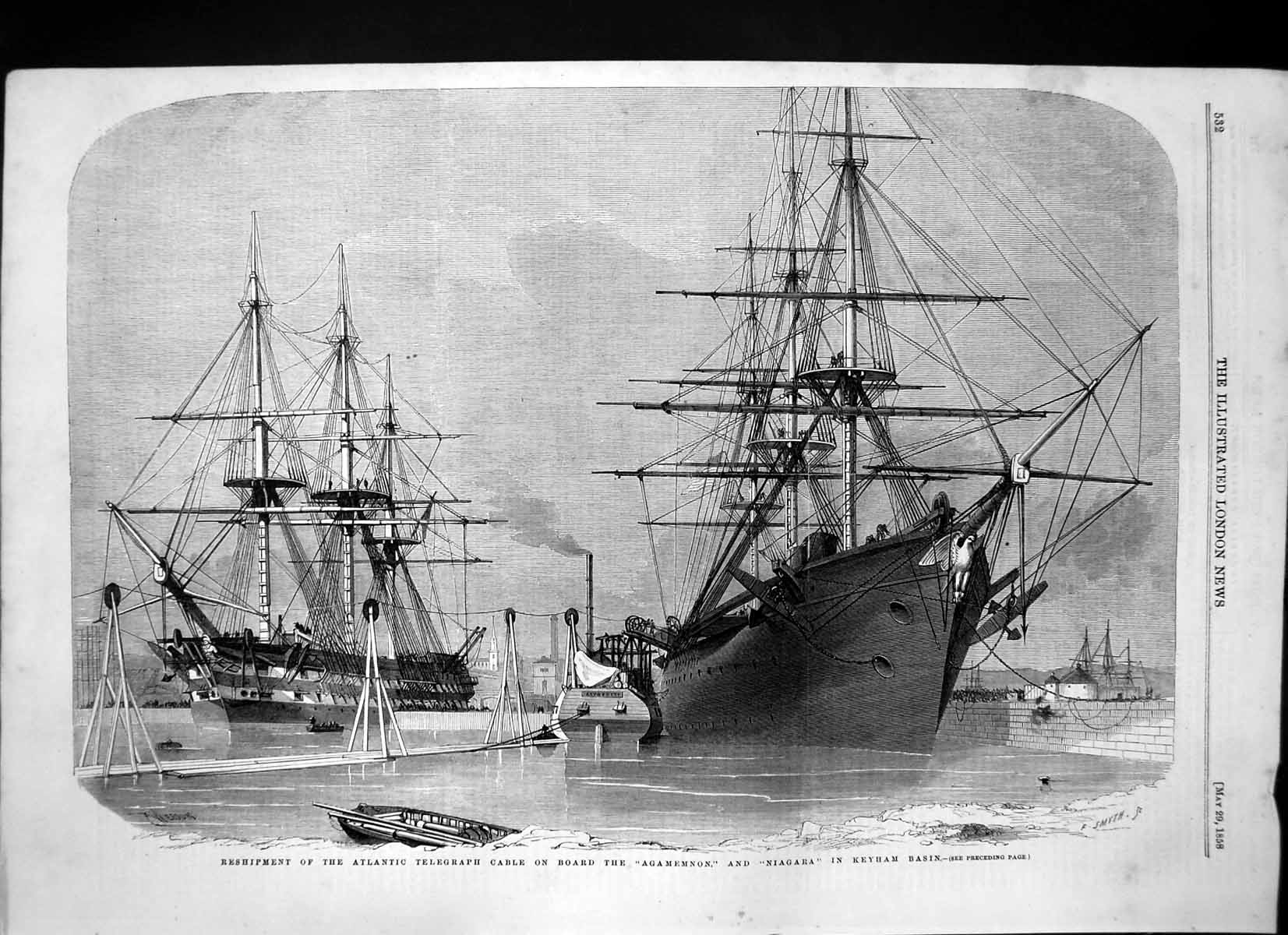 Old Antique Print Atlantic Telegraph Cable Onboard Agamemnon Niagara 1858 19th