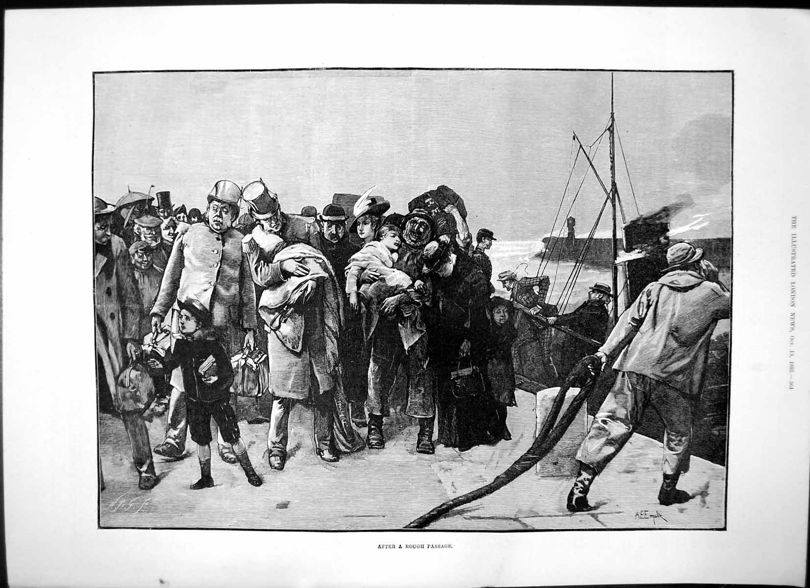 Old Antique Print After Rough Passage Crowd Looking Ill Quay Harbour 1883 19th