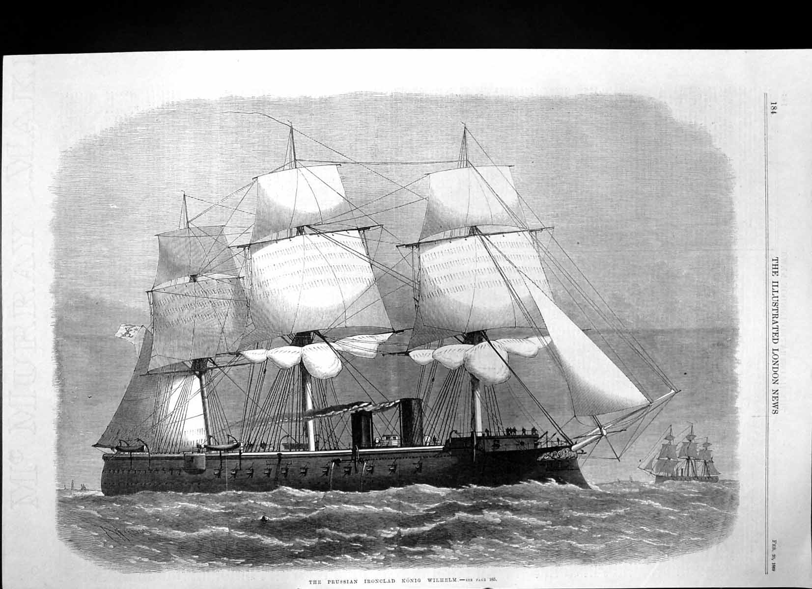 Original Old Antique Print Prussian Ironclad Konig Wilhelm 1869 19th