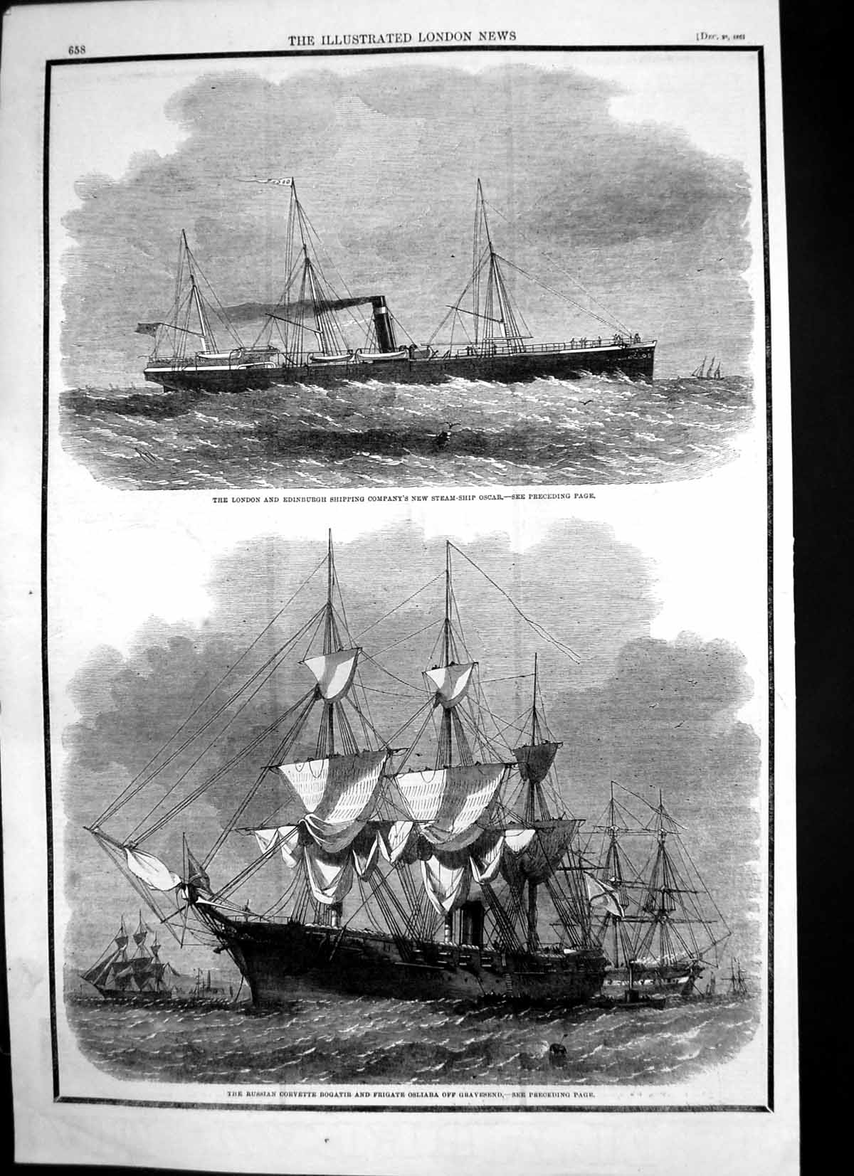 Antique Print Russian Corvette Bogatir Frigate Osliaba Gravesend Oscar 1861