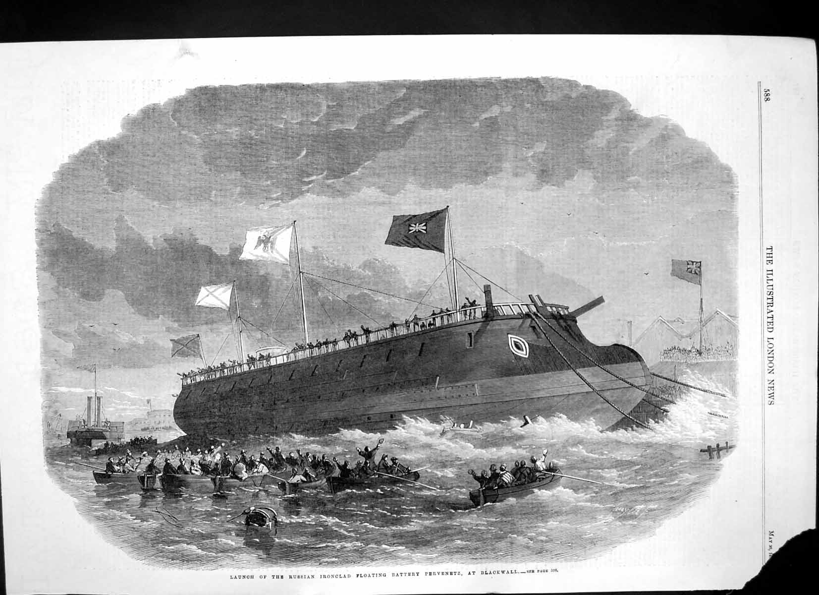Old Antique Print Launch Russian Ironclad Floating Battery Pervenetz 1863 19th